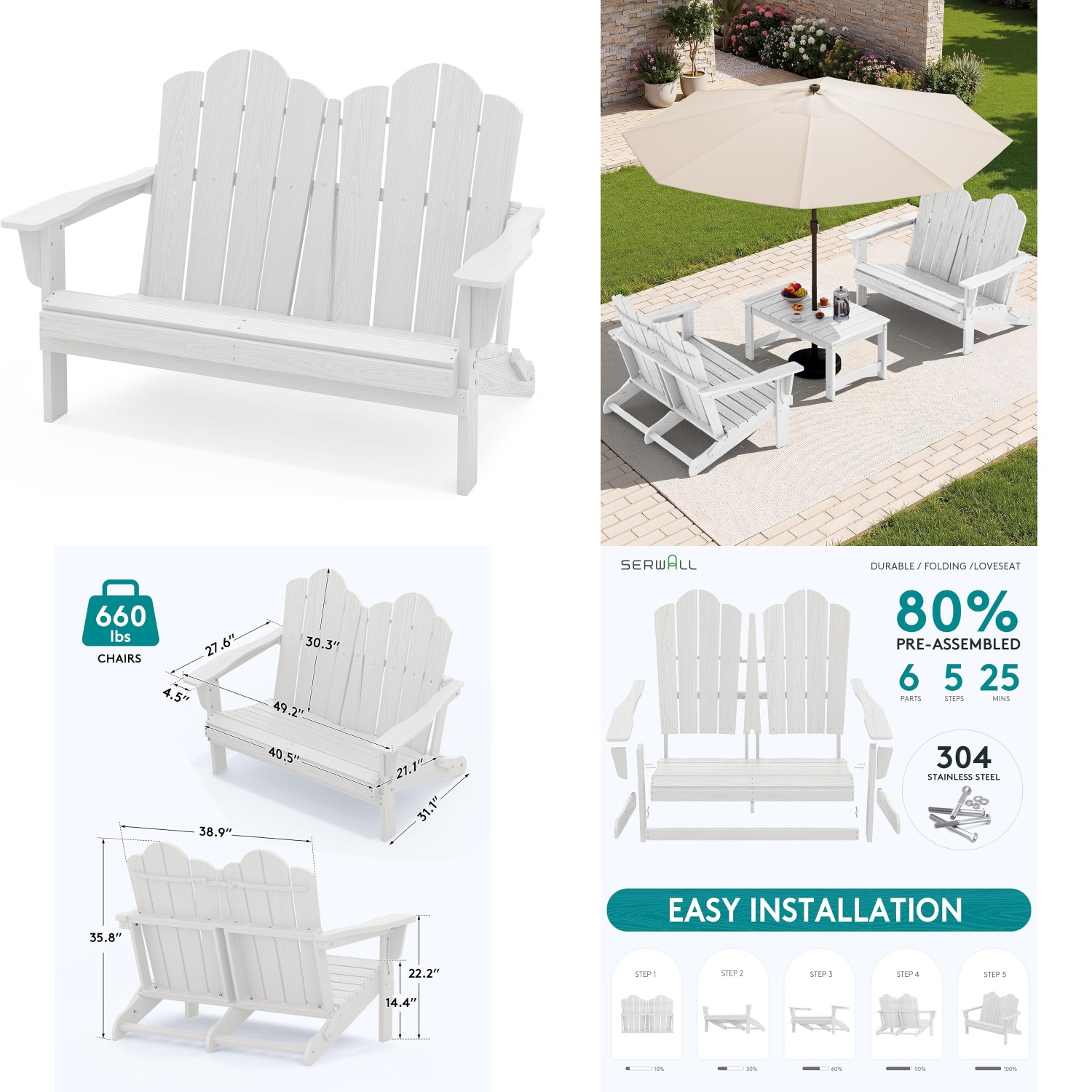 Outdoor Furniture Loveseat - Kursi Lipat Adirondack HDPE Tahan Cuaca