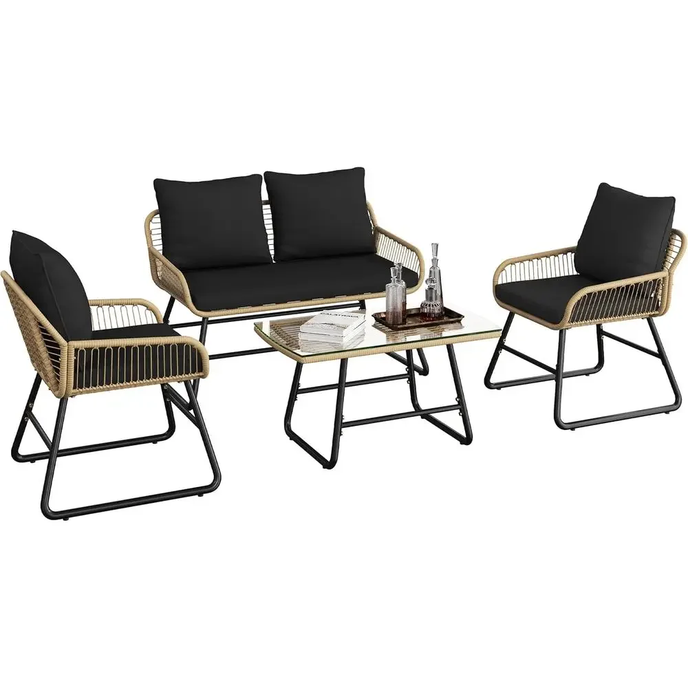 Outdoor Furniture Loveseat - Set Furnitur Teras Rotan 4-Potong dengan