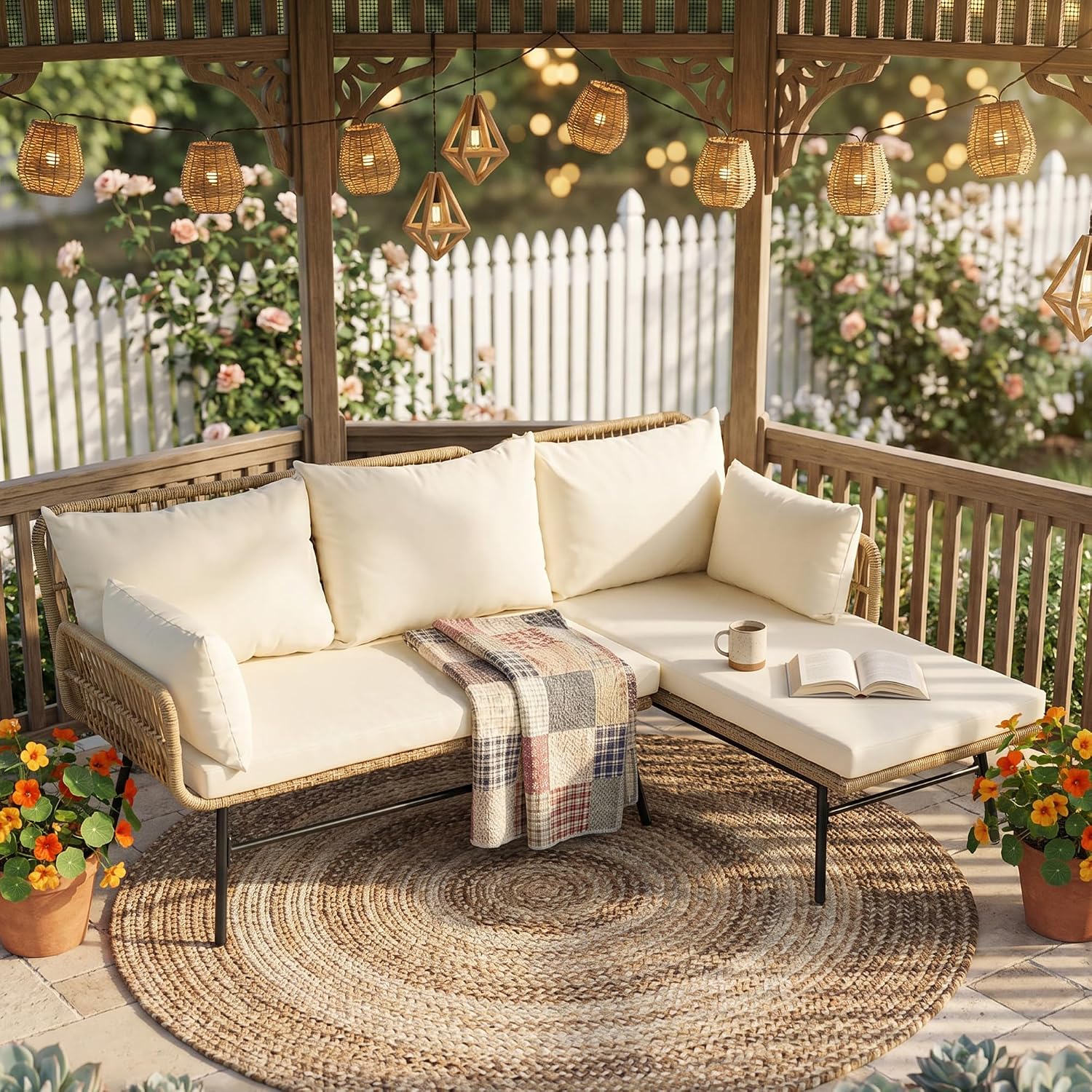Rattan Lounge Set - Set Furnitur Teras Boho 3 Buah