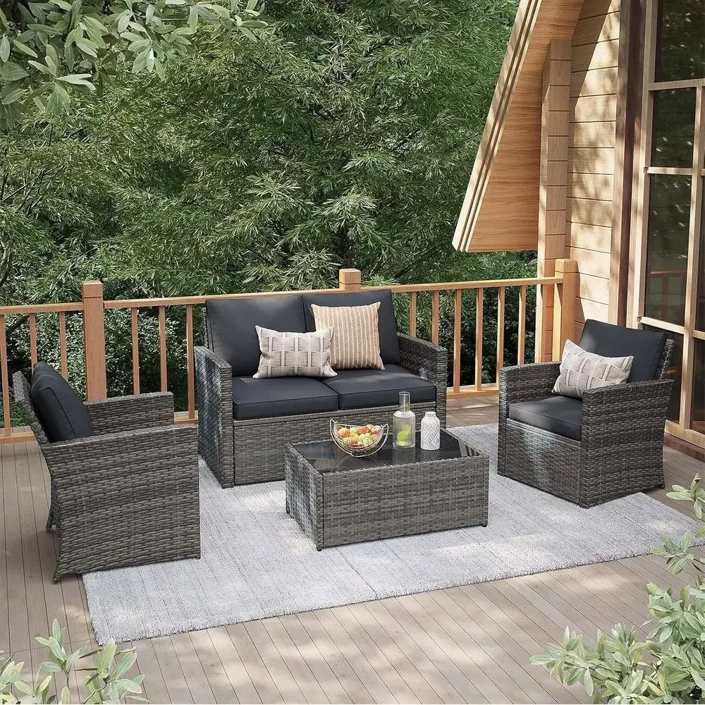Outdoor Furniture Loveseat - Set Furnitur Teras Luar Ruangan 4-Potong,