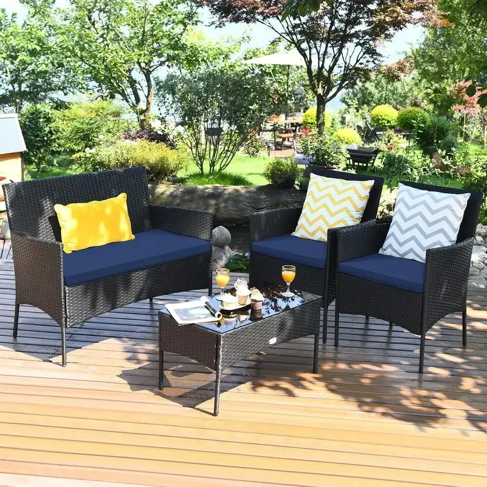 Outdoor Furniture Loveseat - Set Furnitur Teras Rotan 4-Potong dengan