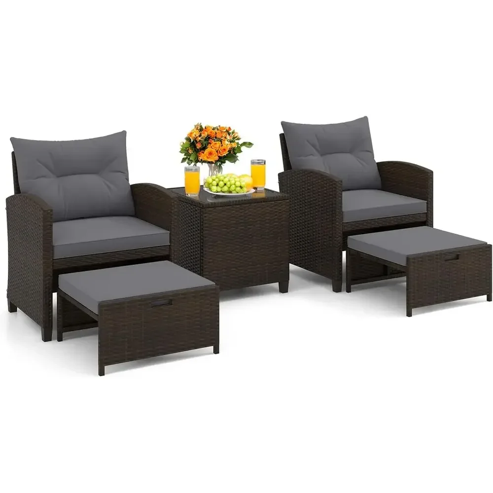 Rattan Lounge Set - Set Furnitur Teras 5-Potong dengan Ottoman,