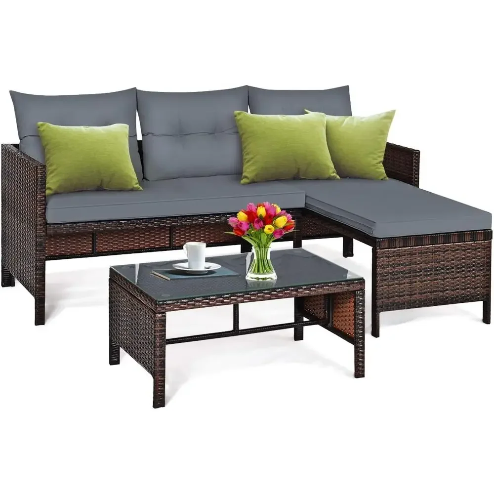 Rattan Lounge Set - Set Furnitur Teras Rotan 3 Bagian,