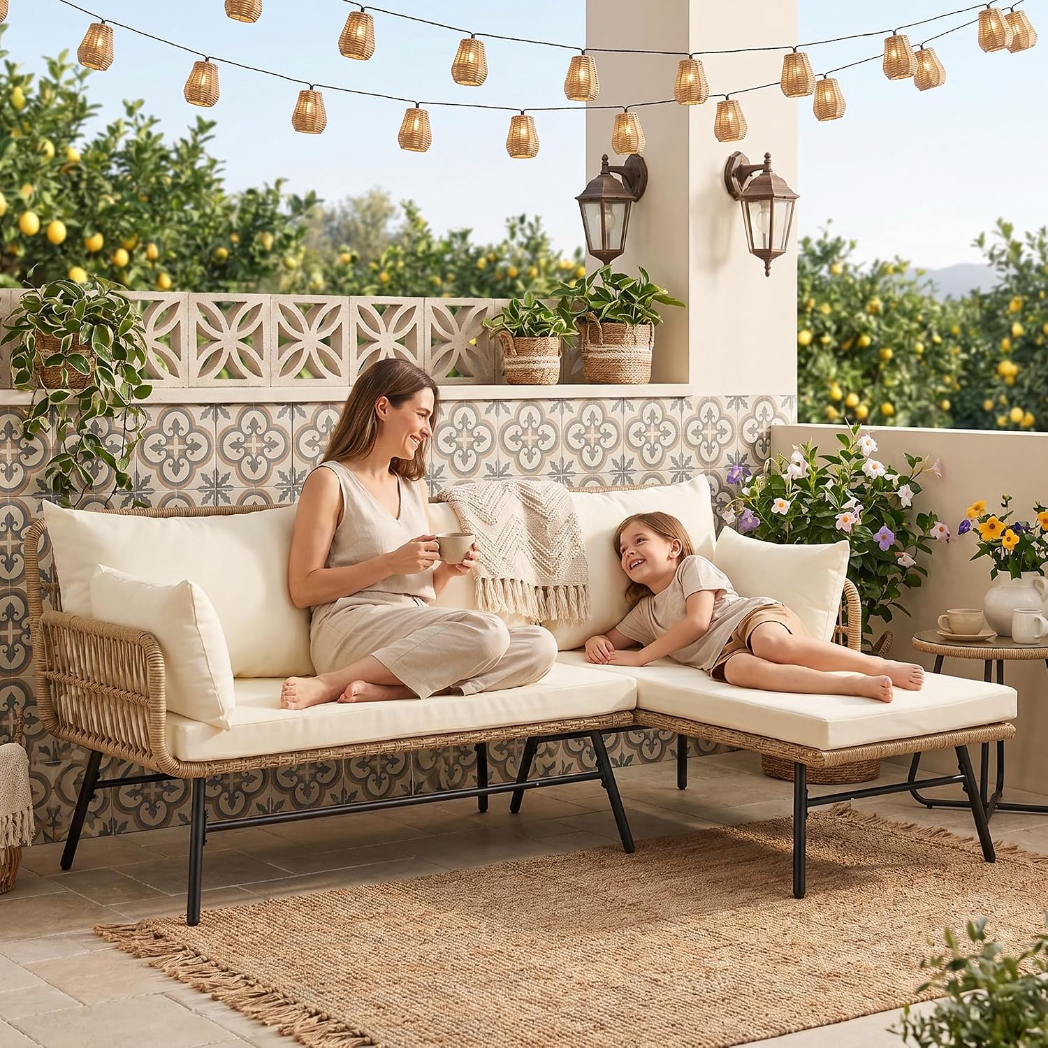 Set Furnitur Teras Boho 3 Buah - Rattan Lounge Set ulasan dan harga