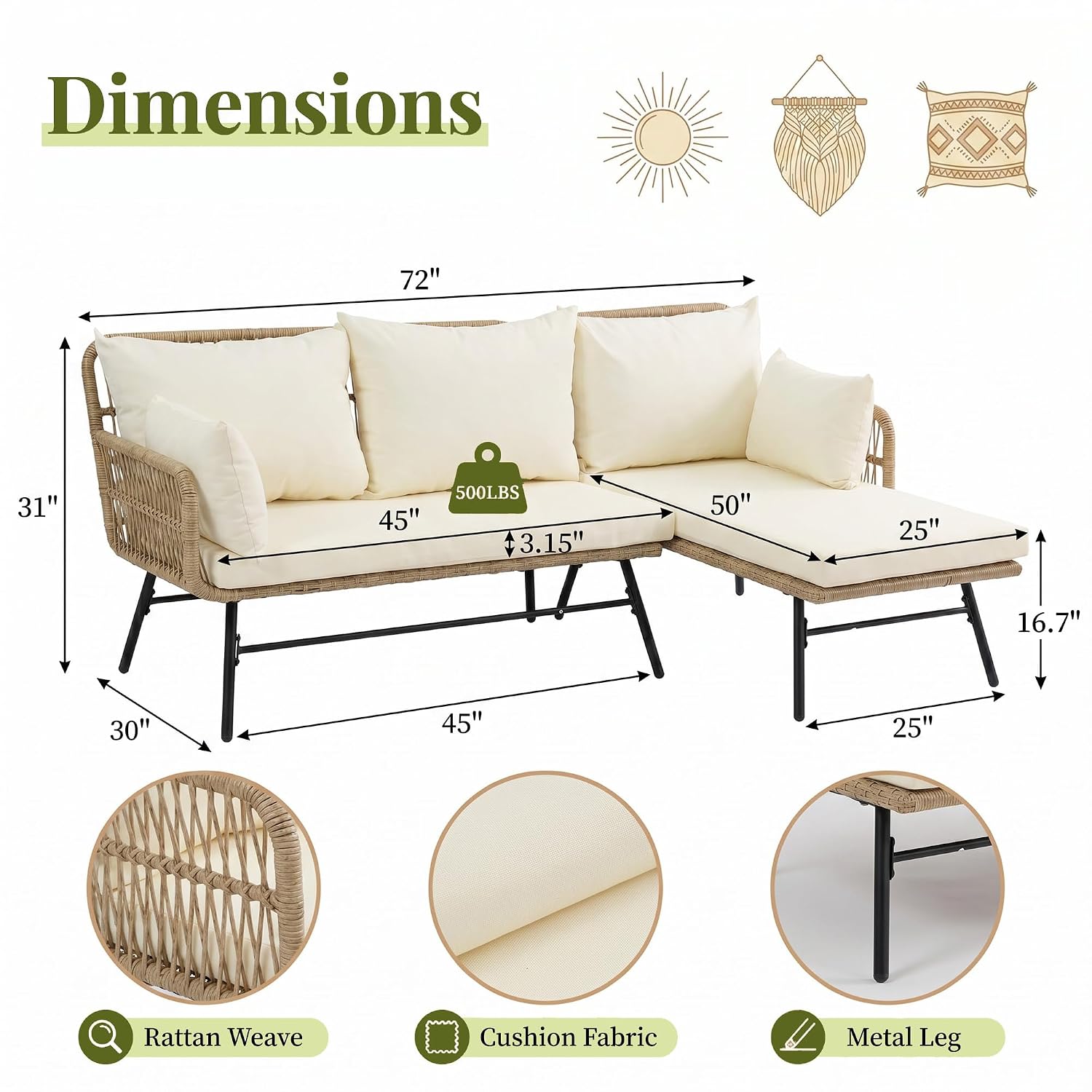 Set Furnitur Teras Boho 3 Buah - Rattan Lounge Set ulasan dan harga